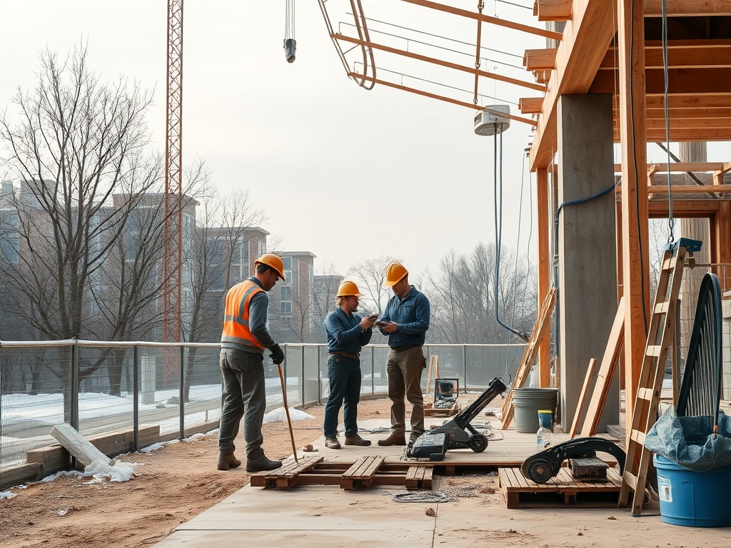 Трое строителей в касках обсуждают проект на строительной площадке под открытым небом.