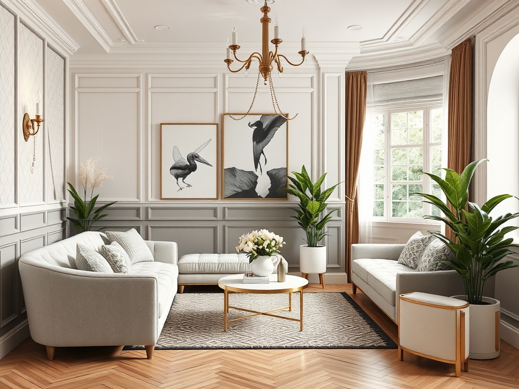 Современная гостиная с мягкой мебелью, зелеными растениями и картинами на стенах. Светлый и уютный интерьер.