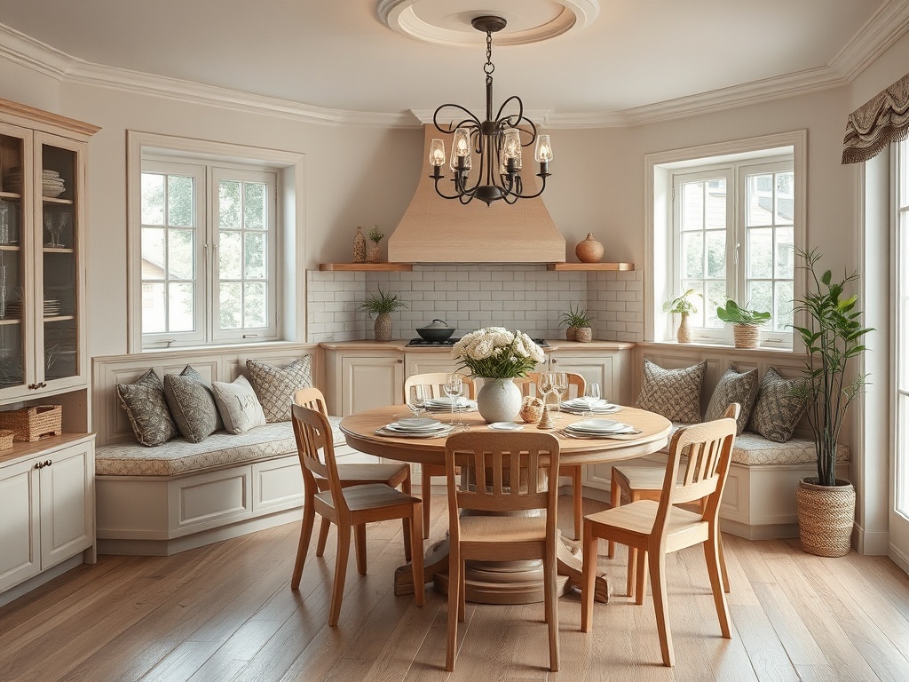 Светлая кухня с обеденным столом, стульями и уютной зоной отдыха у окна, оформлена в современном стиле.