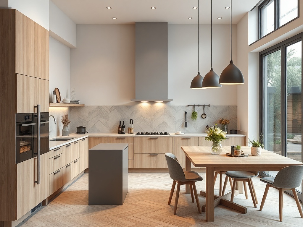 Светлая кухня с деревянными шкафами, плиткой и обеденным столом. Модерн и уютный дизайн взаимосвязаны.