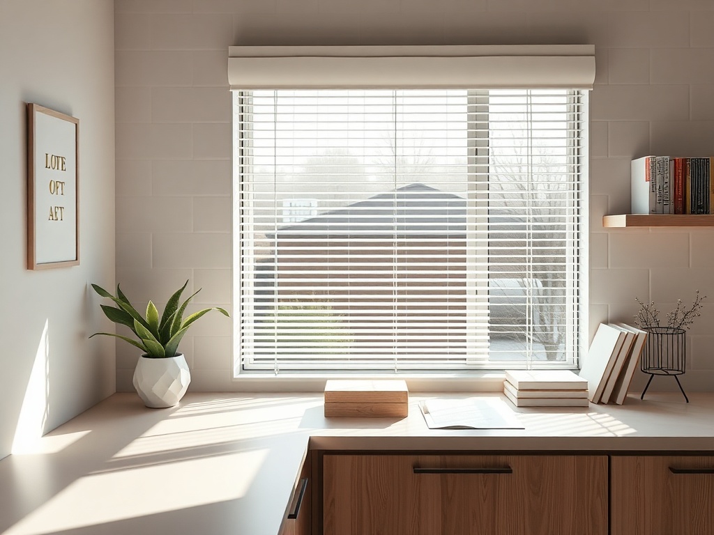 Современный интерьер с окнами, жалюзи, растением и полкой с книгами на столе. Теплый свет в комнате.