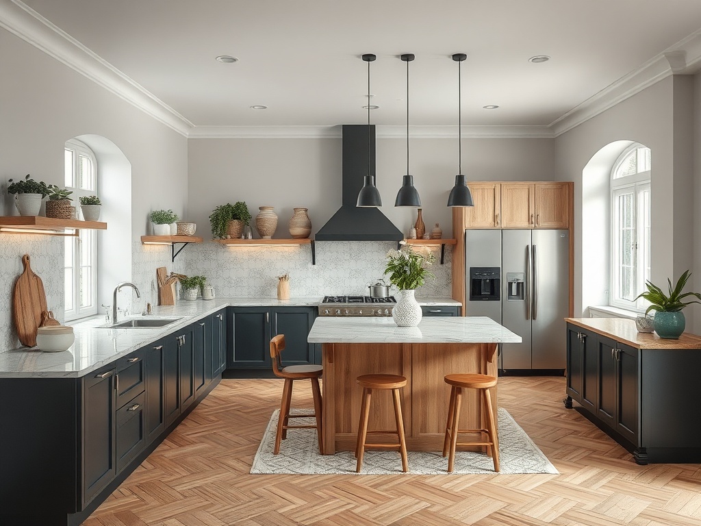 Современная кухня с черными шкафами, деревянным островом и светлыми акцентами, наполненная растениями.