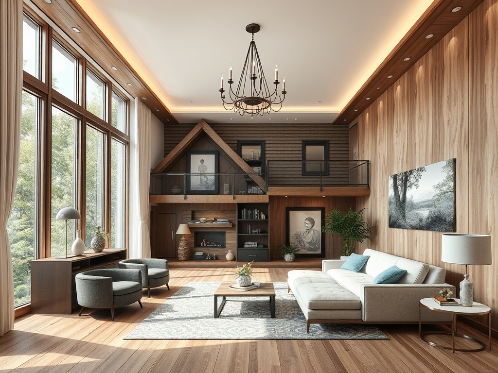 Современный светлый интерьер с большими окнами, деревянной отделкой и стильной мебелью.