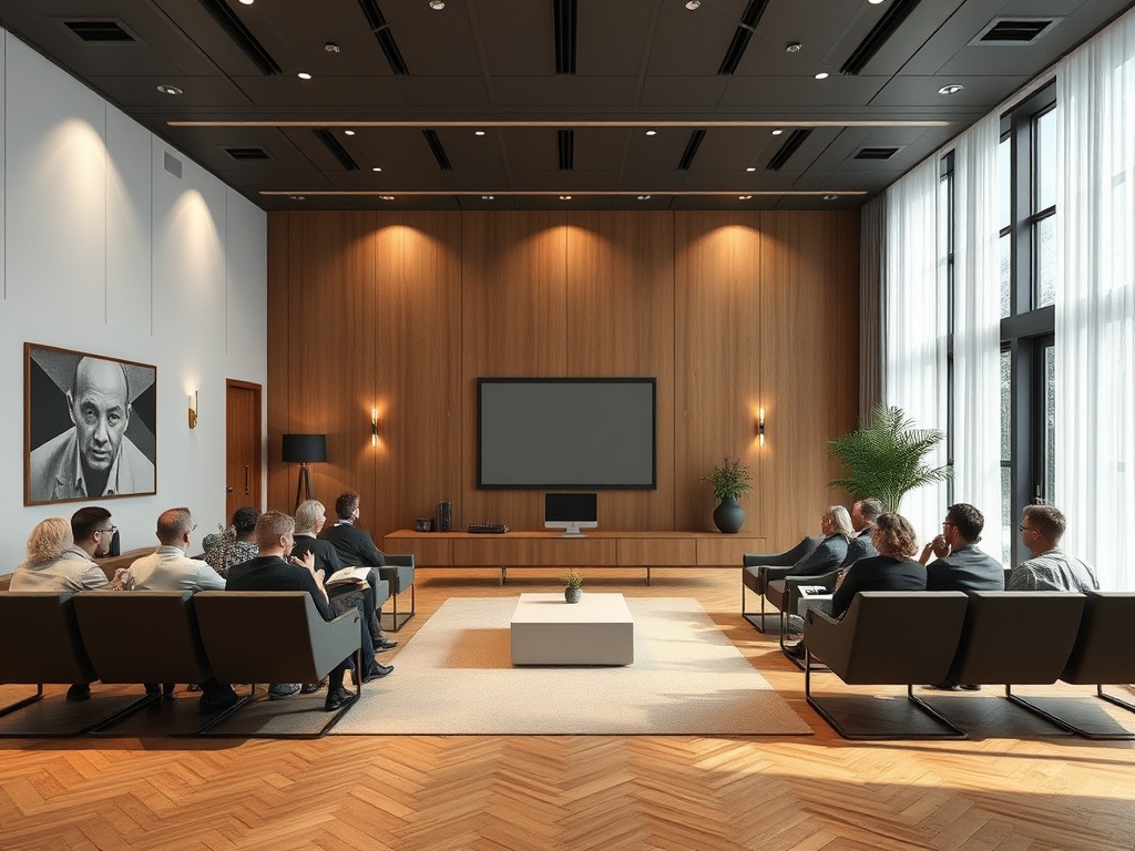 Современный зал для встреч с несколькими людьми, экраном и деревянными стенами, освещенный мягким светом.