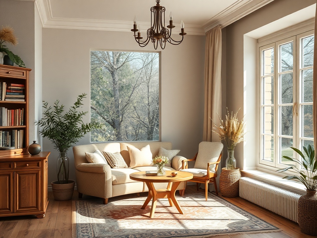 Светлая гостиная с мягкой мебелью, книгами, растениями и большим окном, открывающим вид на природу.