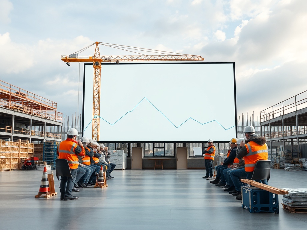 Рабочие в касках смотрят на экран с графиком на строительной площадке. Облака на небе.