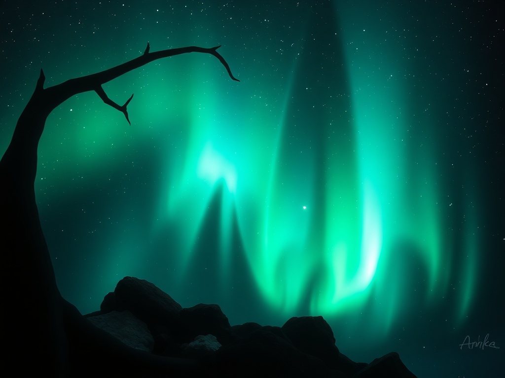 Северное сияние над скалистым берегом, звезды на темном небе, силуэт дерева на переднем плане.