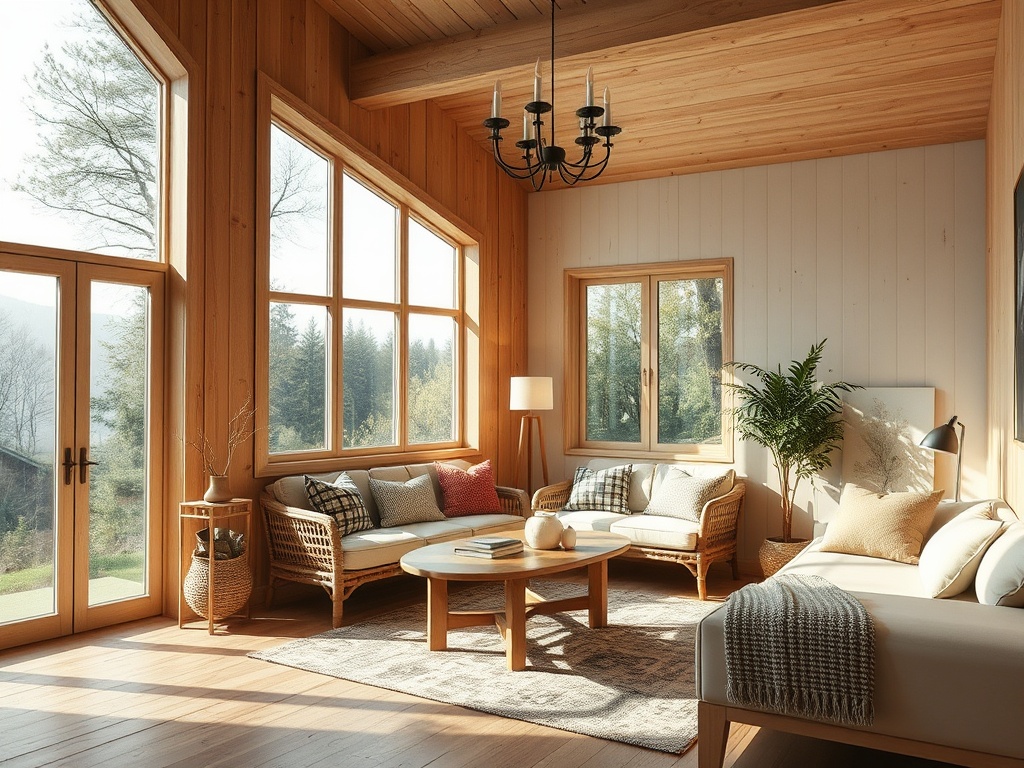 Светлая гостиная с деревянной отделкой, большими окнами и уютной мебелью, создающая атмосферу уюта.