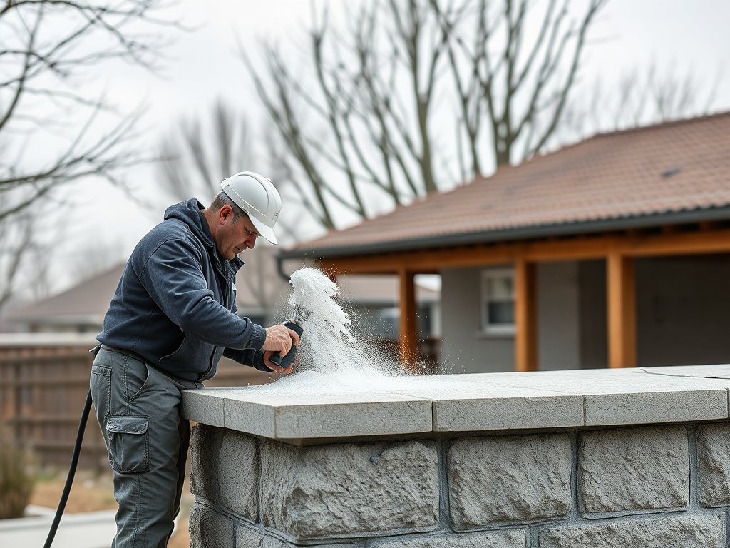 Рабочий в каске наносит раствор на поверхность в строительных работах на заднем дворе.