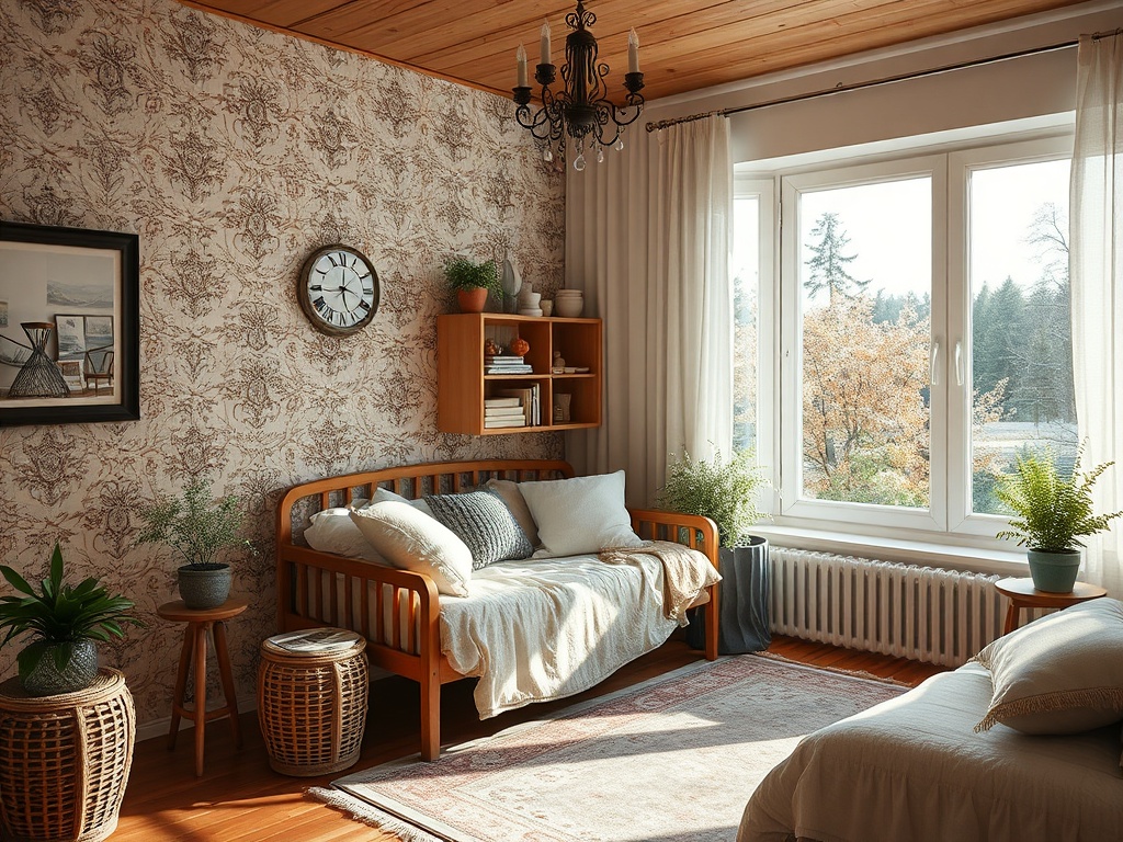 Светлая комната с деревянной мебелью, зелеными растениями и окном, открывающим вид на природу.