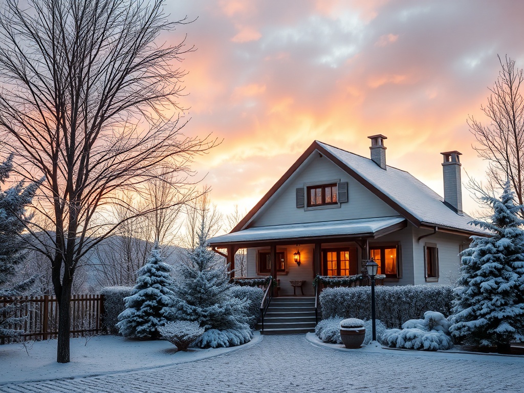 Зимний вид уютного дома на фоне заката, окруженного снежными деревьями и кустами.