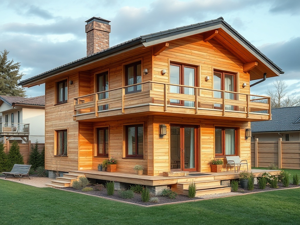 Деревянный дом с балконами и окнами, окружённый зелёным газоном и декоративными растениями.