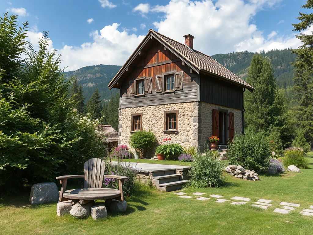 Уютный дом из камня и дерева на фоне леса, окружённый зелёными насаждениями и цветами.