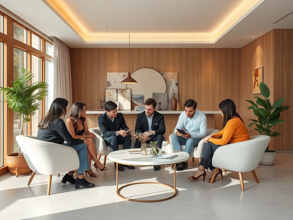 Группа людей в деловых костюмах обсуждают проект в современном офисе с большим окном и растениями.