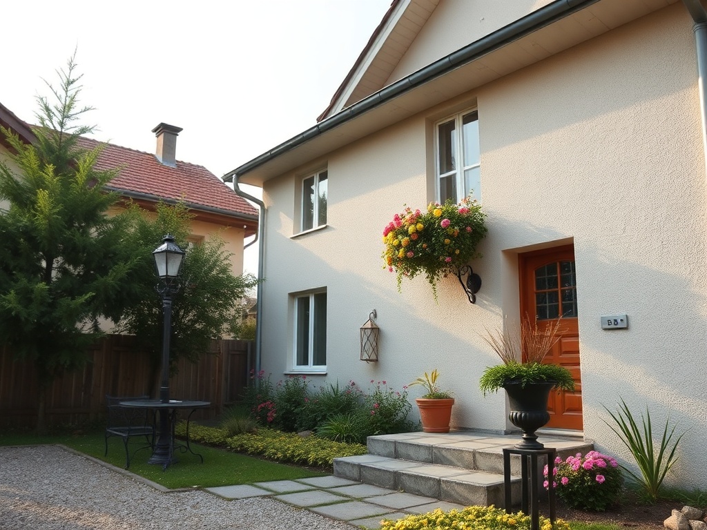 Современный дом с цветами, декоративным светильником и уютным двориком на фоне зелени.