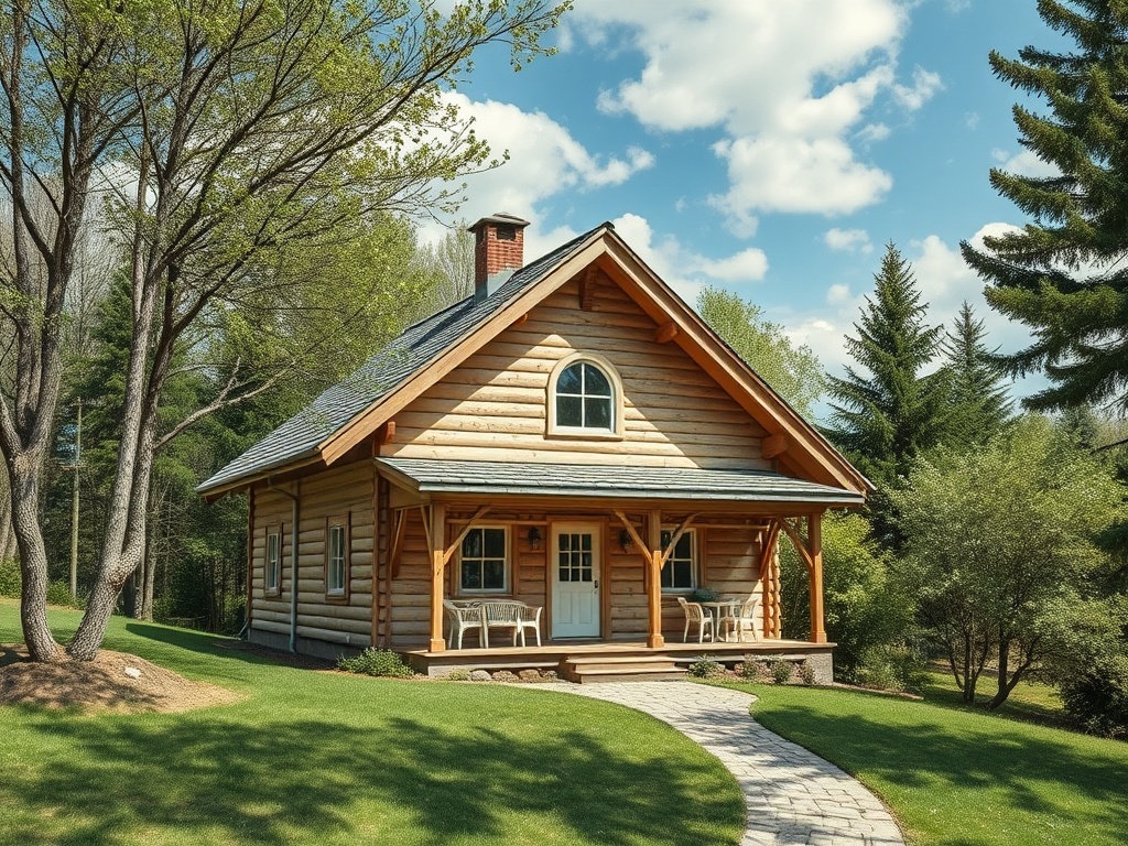 Уютный дом из бревна с зеленым двором и тропинкой, окруженный деревьями и ярким небом.