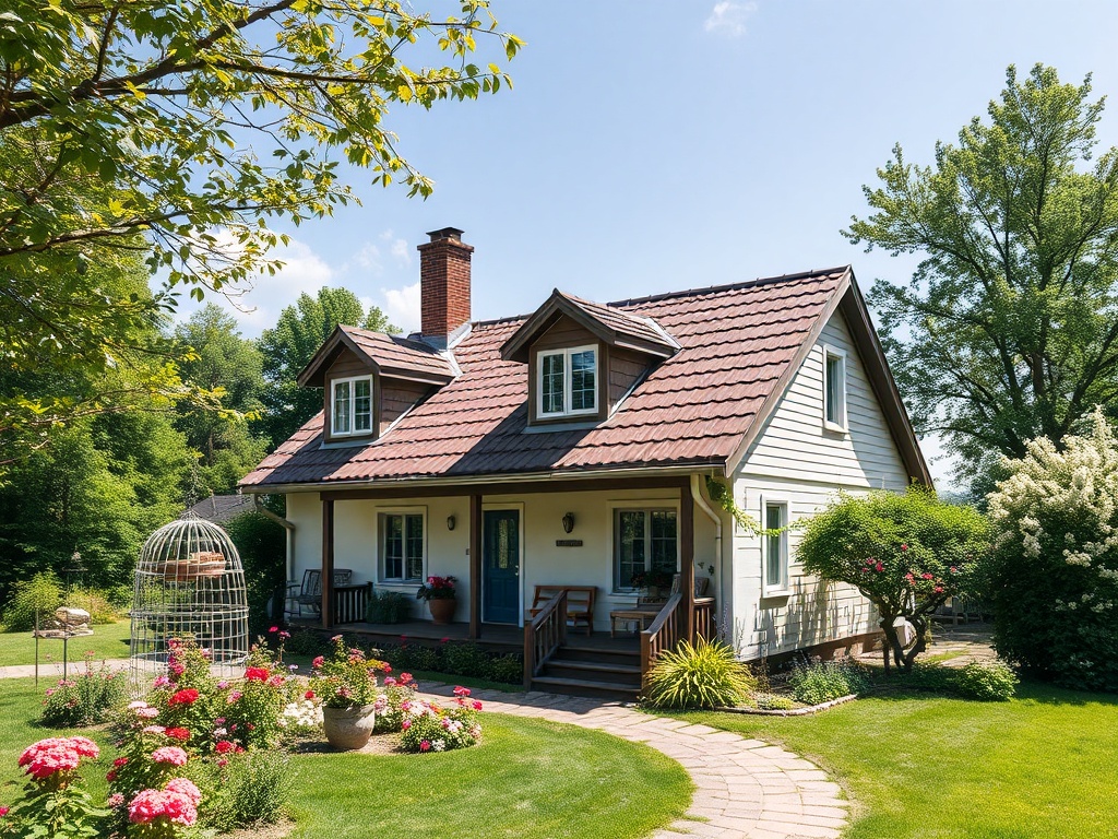Светлый загородный дом с цветами и ухоженным двором, окружённый зеленью и голубым небом.