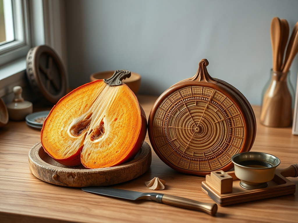 На столе лежит разрезанная тыква и деревянная разделочная доска с узором. Рядом нож и посуды.