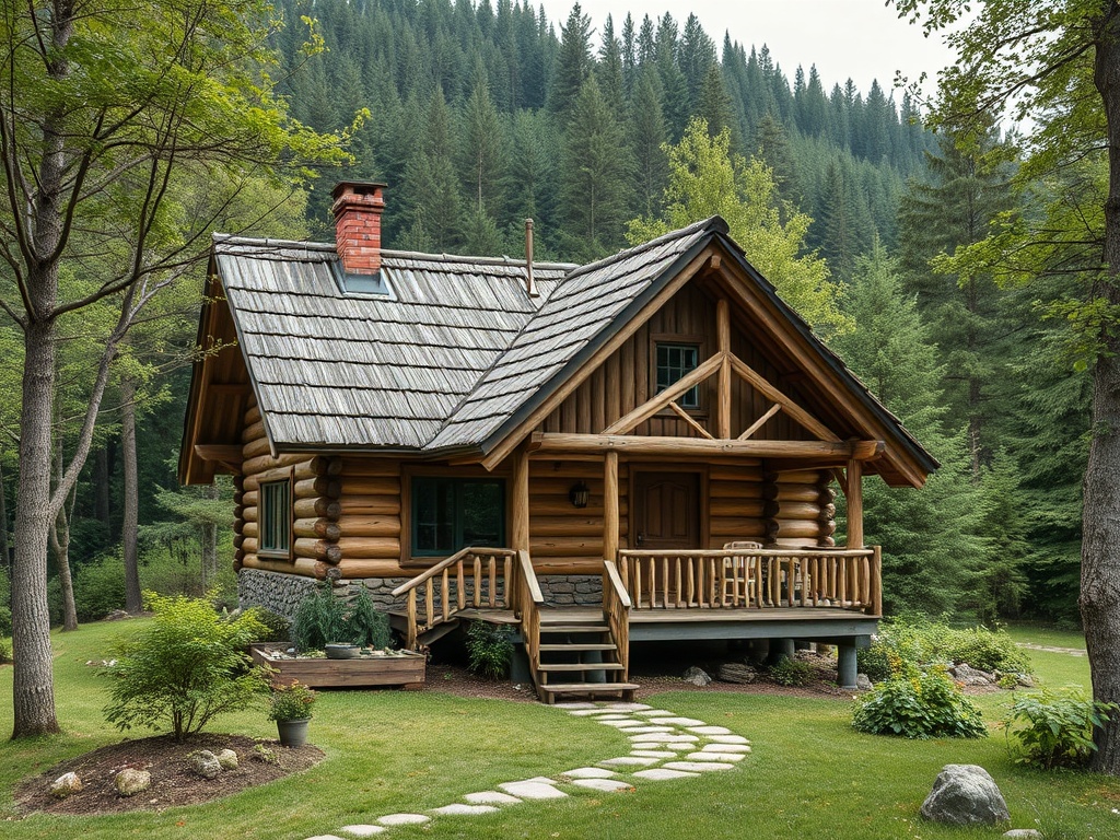 Деревянный домик с крыльцом, окруженный зелеными деревьями и ухоженным садом. Спокойная атмосфера природы.