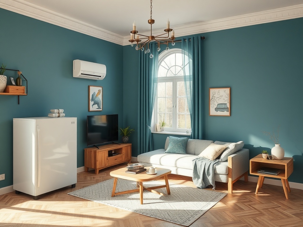 Современный светлый интерьер комнаты с диваном, телевизором и холодильником на фоне бирюзовых стен.