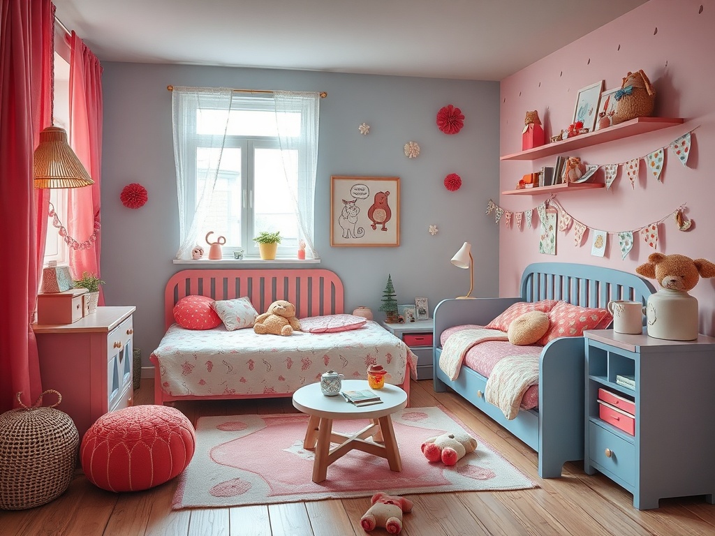 Светлая детская комната с розовыми и голубыми стенами, мебелью и мягкими игрушками. Уютная атмосфера.