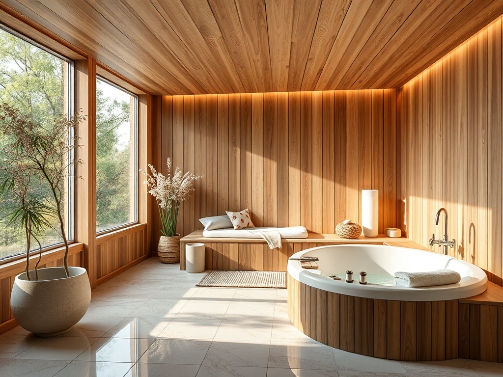 Современная ванная комната с деревянными стенами, уютным креслом и чистой ванной, наполненной водой.