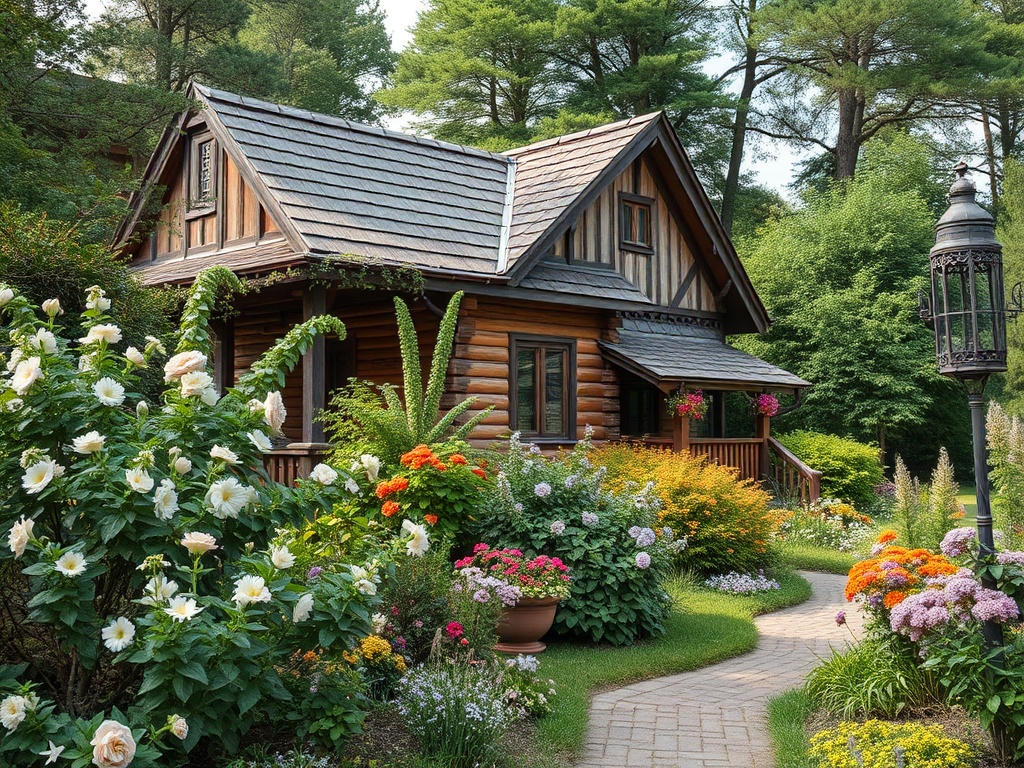 Красивая деревянная дача в окружении ярких цветочных клумб и зелёных деревьев. Тихий, живописный пейзаж.