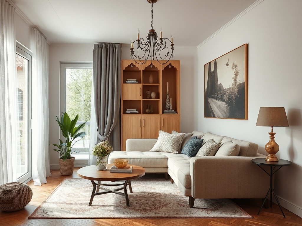 Светлая гостиная с диваном, столом, растением и мебелью из дерева. Стильный интерьер с элементами уюта.