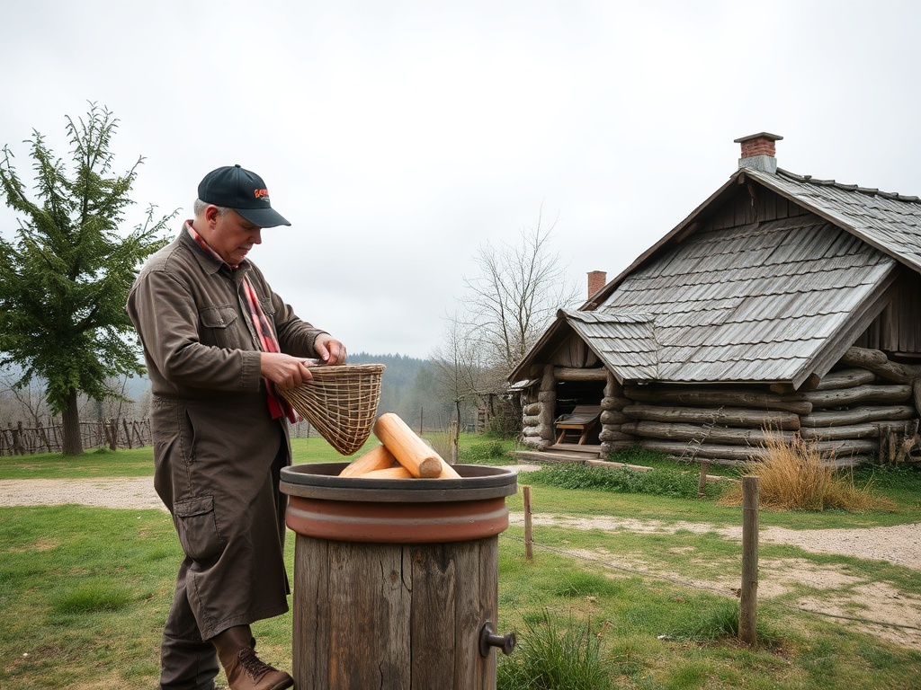 Мужчина в рабочей одежде стоит у бочки и держит корзину с деревянными палками на фоне дома.