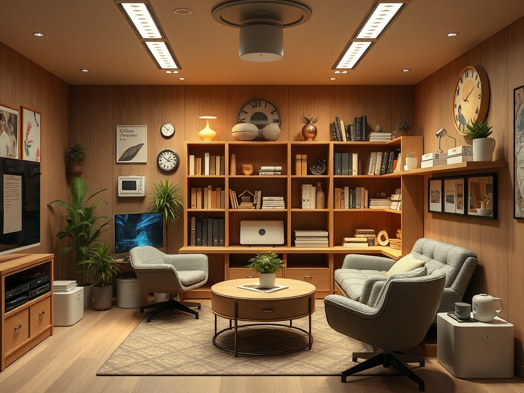 Современная гостиная с креслами, библиотекой, растениями и телевизором на стене. Уютная атмосфера.