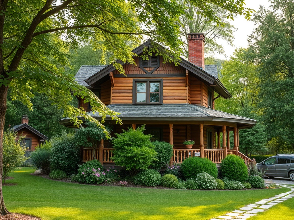 Деревянный дом с веранды, окруженный зелеными растениями и ухоженным садом. Солнечный, живописный ландшафт.