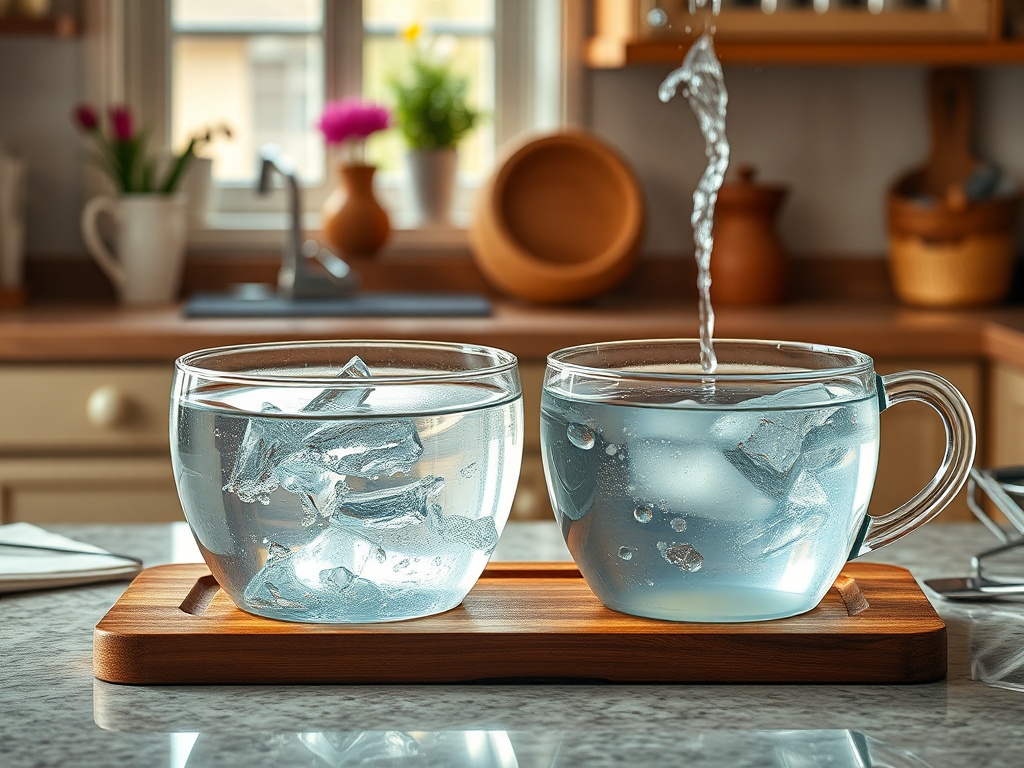 Два прозрачных стакана с водой и льдом, один стакан наполняется водой из-под крана на кухонном столе.