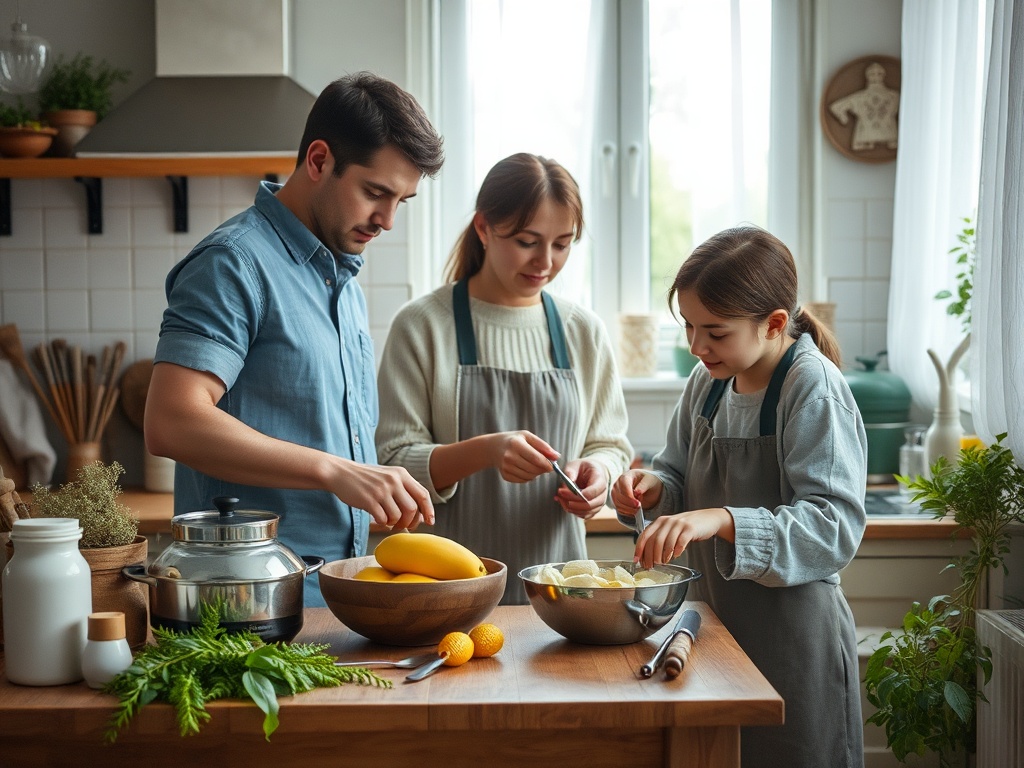 Трое людей готовят на кухне, нарезая фрукты и овощи, окруженные кухонной утварью и зеленью.