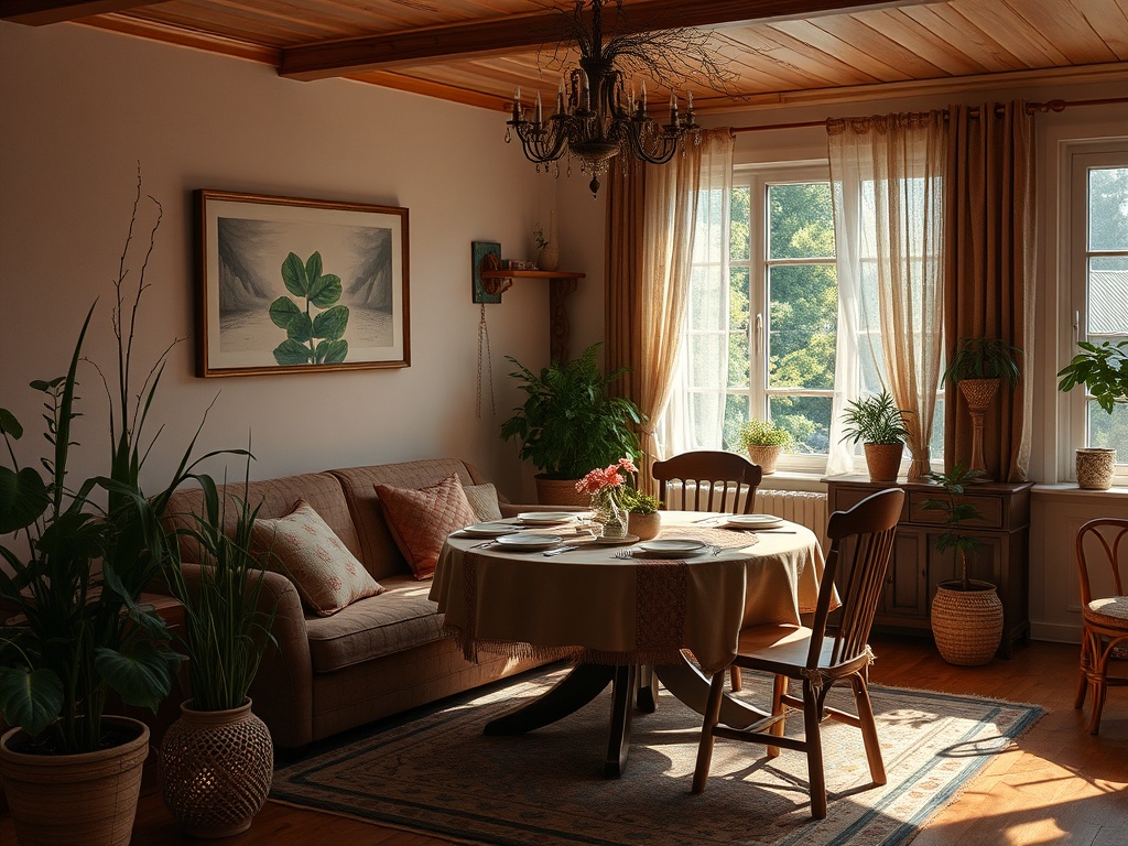 Уютная столовая с растениями, деревянной мебелью и большим окном, залитым солнечным светом.