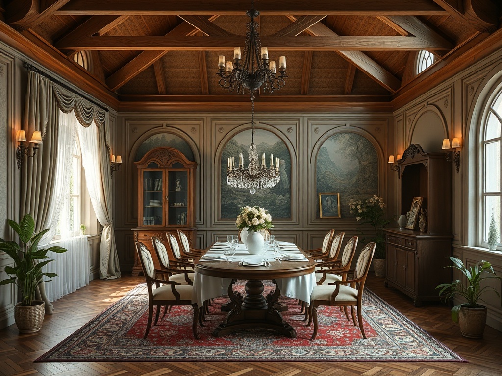 Элегантная столовая с деревянными элементами, chandelier, цветами и роскошной мебелью.