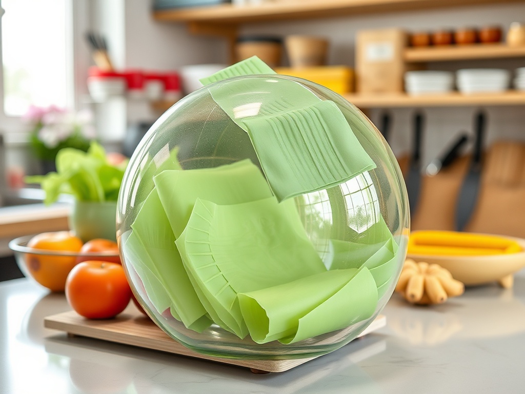 Стеклянная чаша с зеленой пищевой пленкой, рядом помидоры и готовящиеся блюда на кухонном столе.