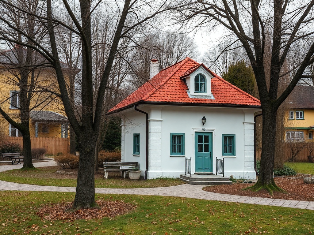 Небольшой дом с красной крышей и зелеными окнами, окруженный голыми деревьями в парке.