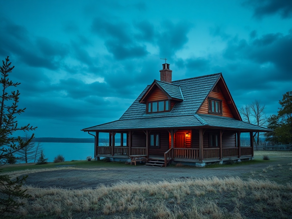 Деревянный дом на фоне озера, освещённый тёплым светом при вечернем свете и облачном небе.