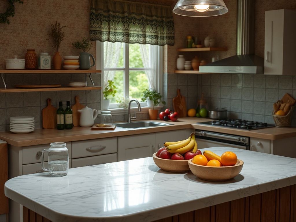 Кухня с деревянной мебелью, двумя тарелками фруктов и видом на зелень через окно. Светлая и уютная атмосфера.